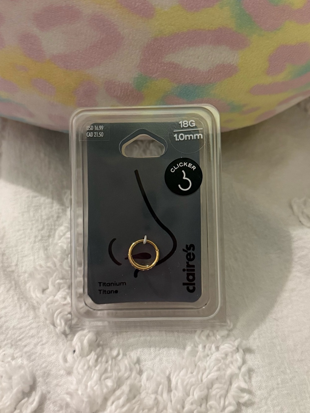 Claire's Black Titanium Nose Ring Packaging